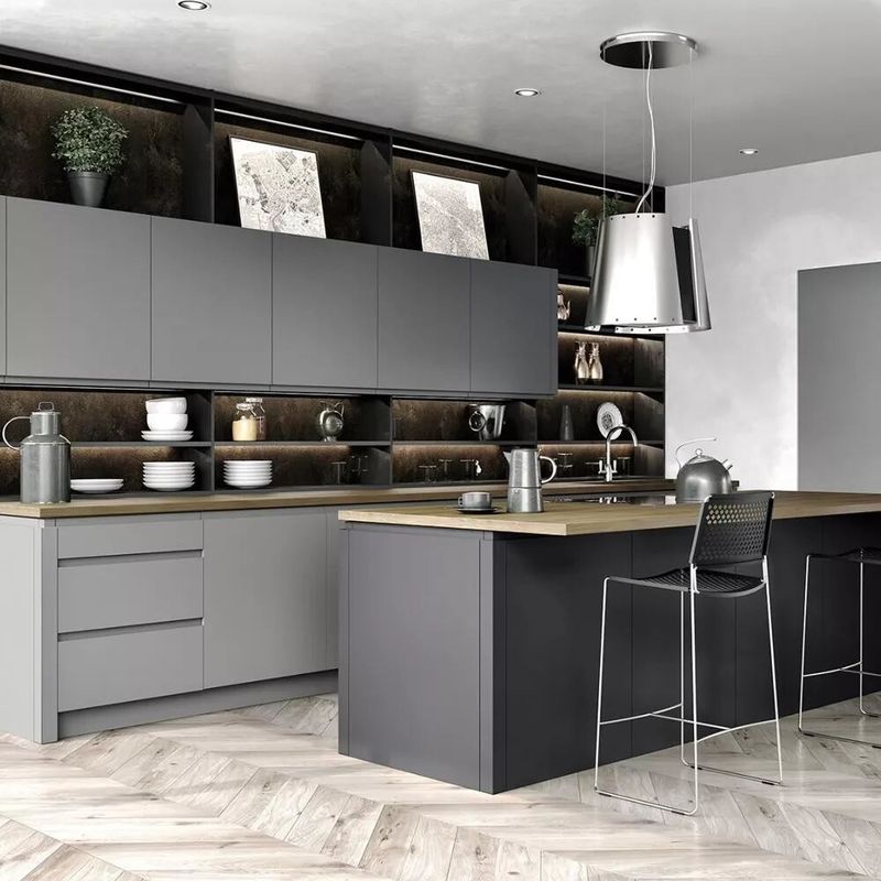Armadio da cucina per villa/appartamento con materiale MDF MR super resistente e finitura grigia opaca