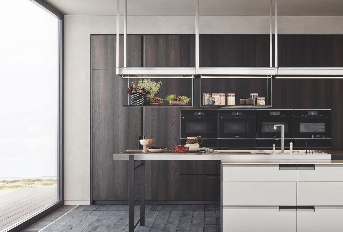 Set di armadietti di cucina moderni cinesi con lavorazione raffinata e bordo piatto