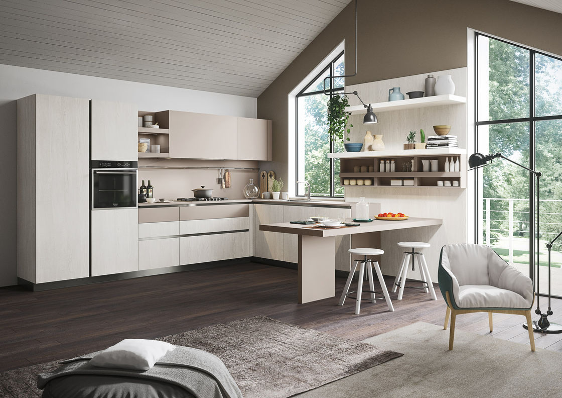 Dispositivi di cucina per appartamenti di lusso in legno bianco con contenitore per rifiuti
