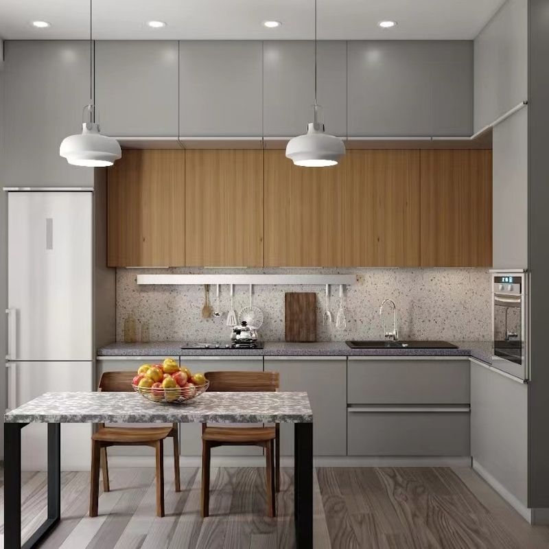 2024 Disegno di mobili di cucina in legno a forma di L per una villa contemporanea