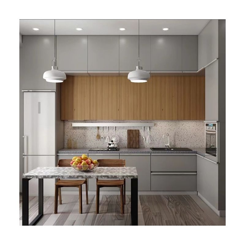 Armadietti di stoccaggio in grigio chiaro opaco senza maniglia Blum per il design di mobili da cucina moderni
