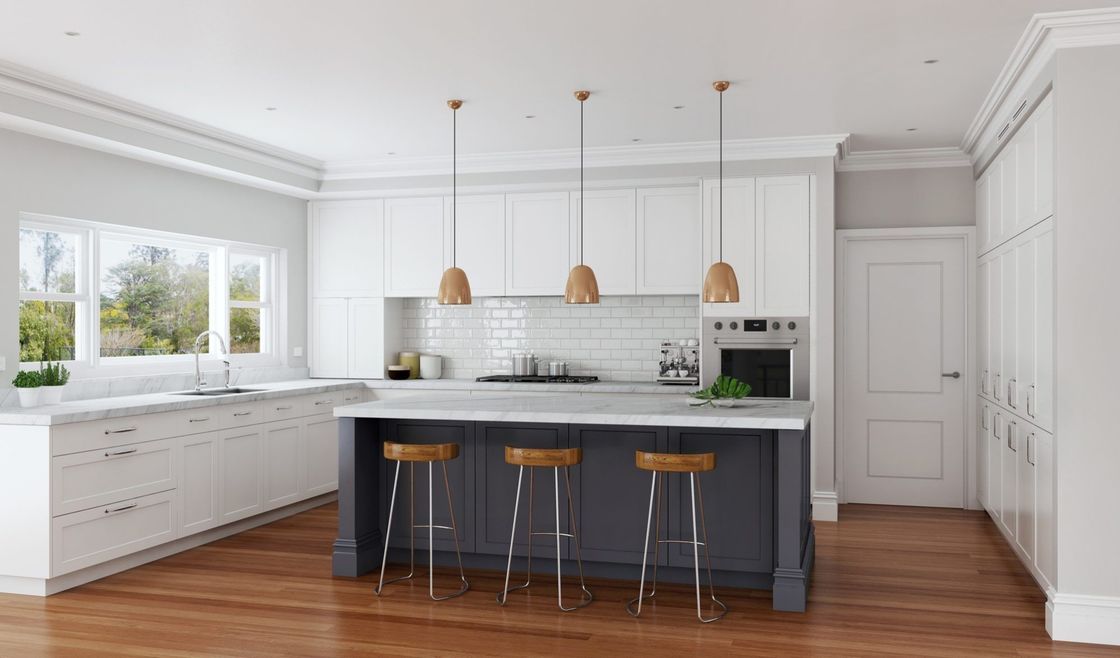 Arredamento di cucina moderno e facile da pulire in legno compensato e materiale per porte in MDF