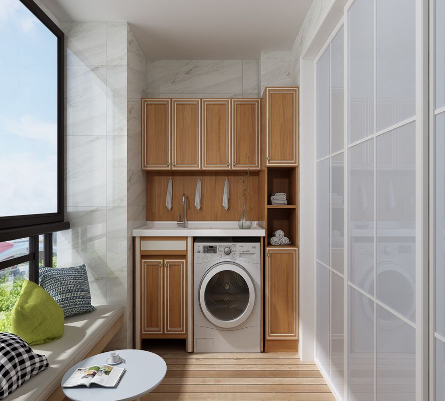 Arredamento di lavanderia in acciaio inossidabile di alta gamma in stile moderno con materiale per porte in compensato