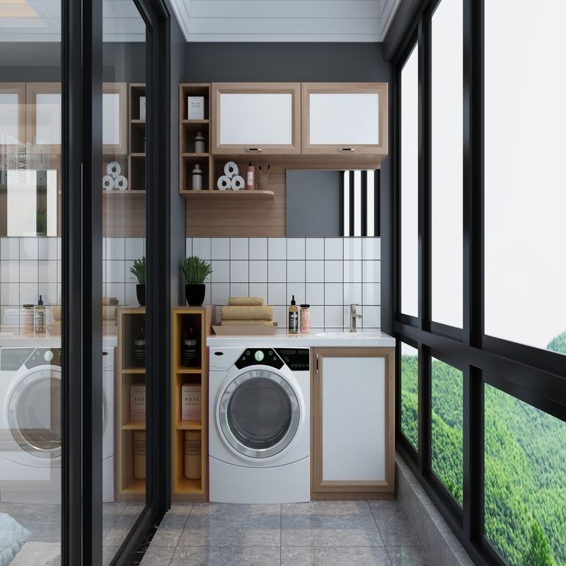 Arredamento di lavanderia in acciaio inossidabile di alta gamma in stile moderno con materiale per porte in compensato