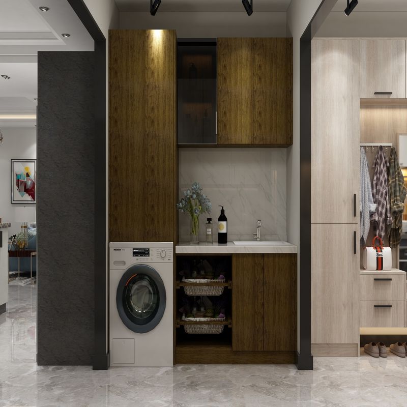 Arredamento di lavanderia in acciaio inossidabile di alta gamma in stile moderno con materiale per porte in compensato