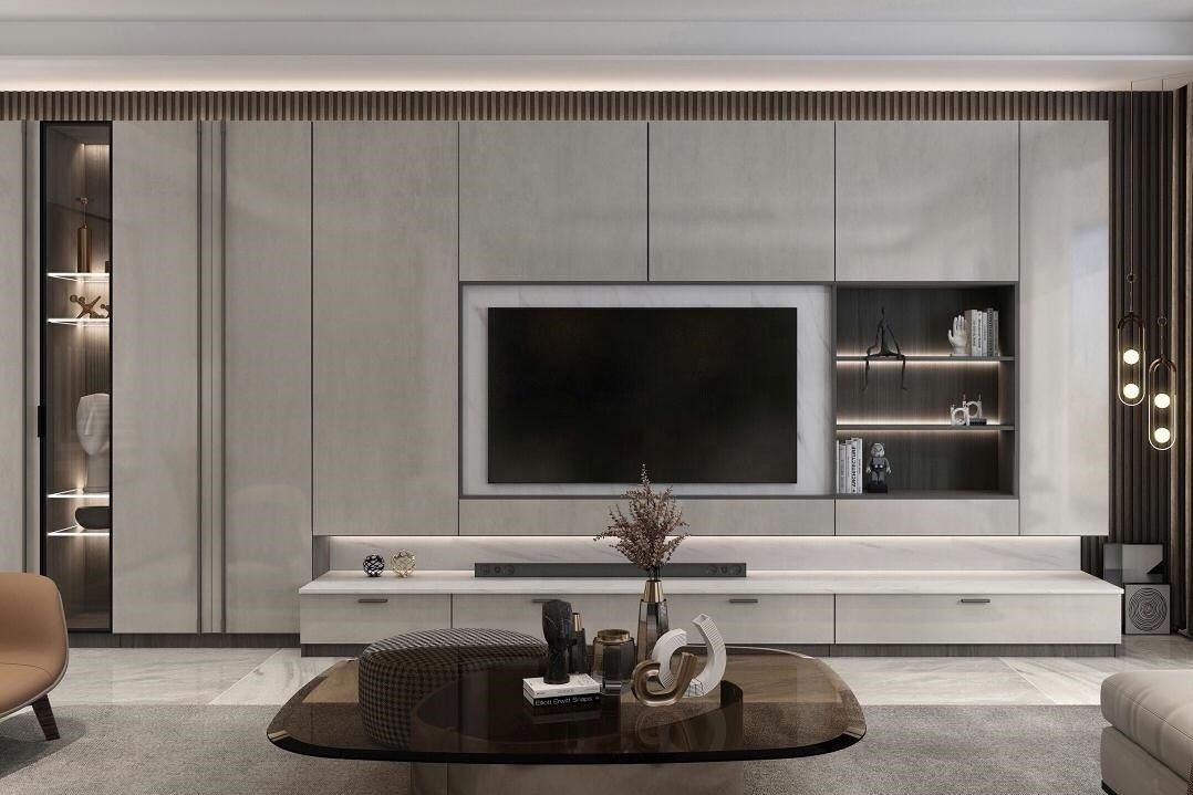 2022 Idee per la decorazione della parete interna della casa Moderno salotto in legno PANEL TV Design