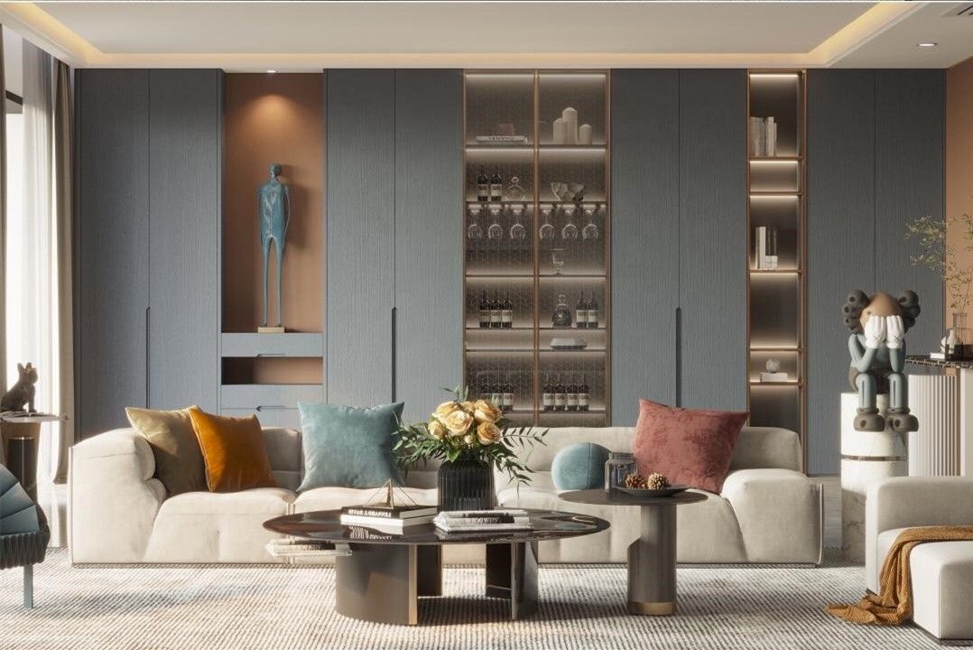 2022 Idee per la decorazione della parete interna della casa Moderno salotto in legno PANEL TV Design
