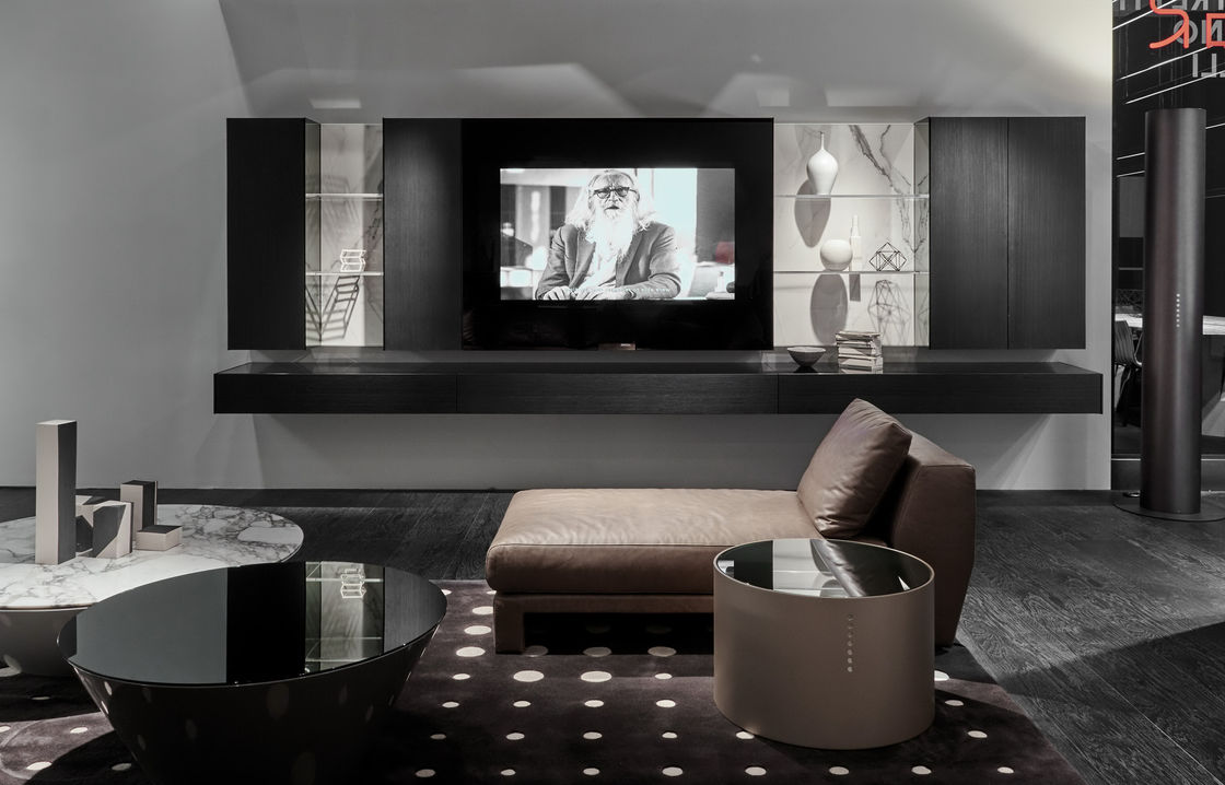 PANEL in stile legno TV in soggiorno e tavolo da caffè per divertimento in appartamento