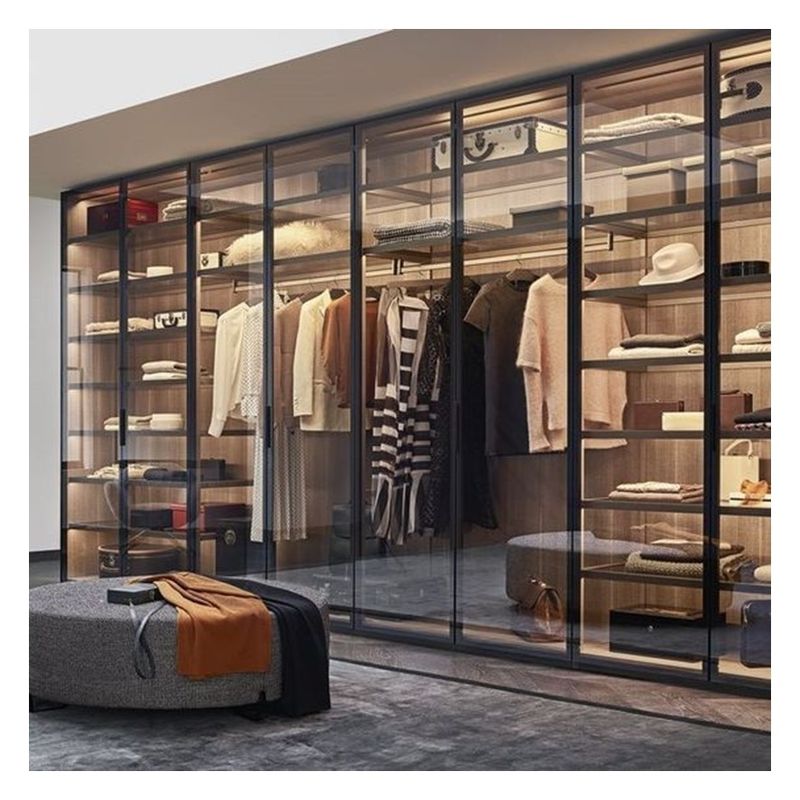 Moderno stile di design Armadio minimalista in legno con pannello di porta di vetro e striscia luminosa