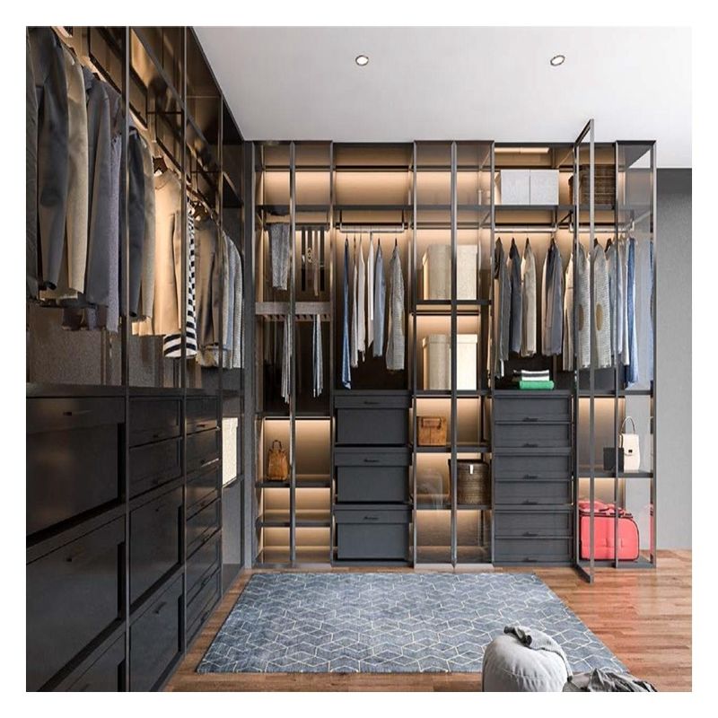 Moderno stile di design Armadio minimalista in legno con pannello di porta di vetro e striscia luminosa