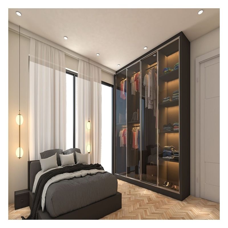 Armadio da letto in legno massello con pannelli di vetro personalizzati e porte scorrevoli in metallo