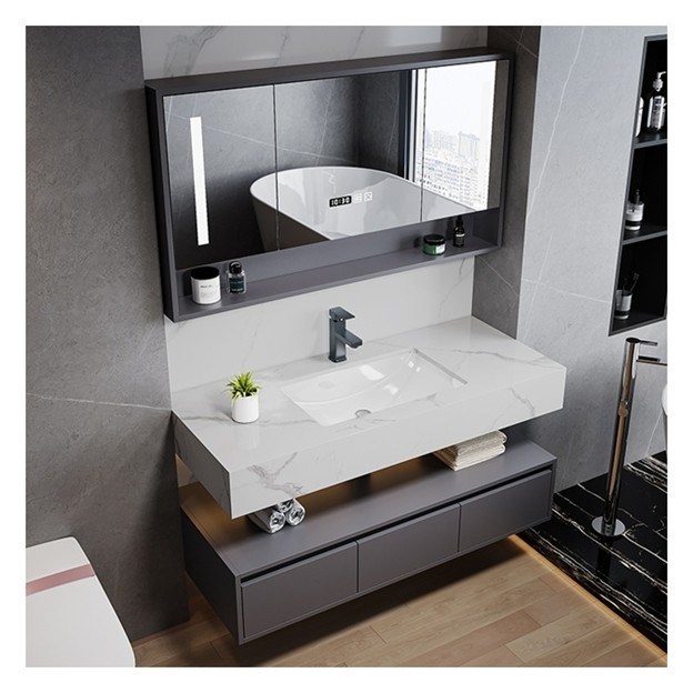 Vanità per bagno singolo personalizzato con smart mirror Minimalista armadio in legno massello