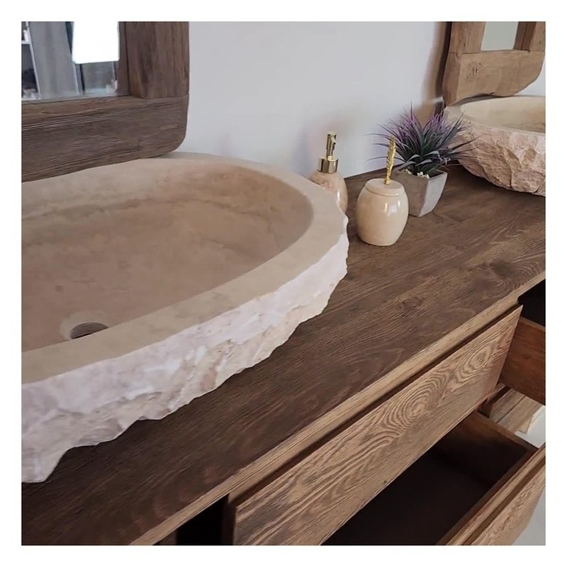 Armadio da bagno in legno massello con specchio d'argento e vanità in stile vintage