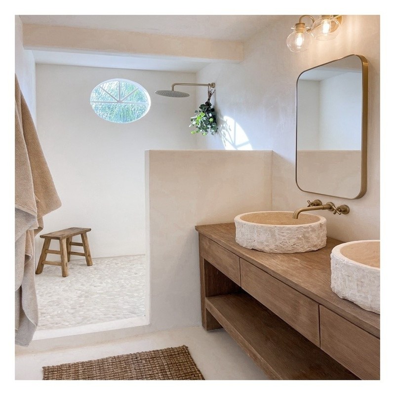 Armadio da bagno in legno massello con specchio d'argento e vanità in stile vintage