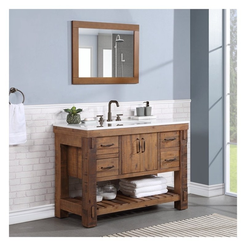 Armadio da bagno in legno massello con specchio d'argento e vanità in stile vintage