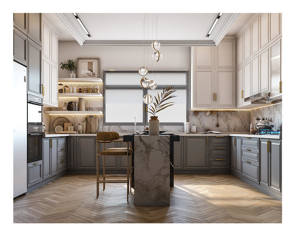 Armadio da cucina in legno massello in grigio americano classico con bordo piatto