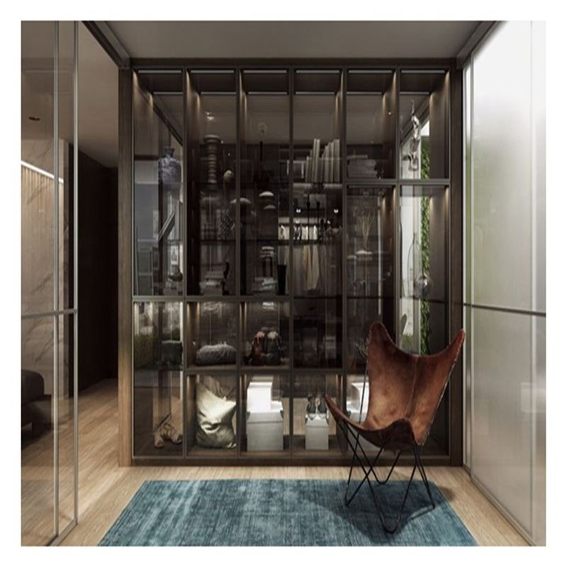 Home Arredamento Moderno Panelli di vetro in alluminio nero In legno massello Armadio con decorazione a barra leggera