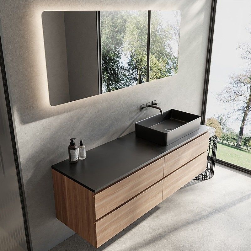 Set di vanità galleggiante per bagno su misura con lavandino e trattamento superficiale del pannello della porta in lacca