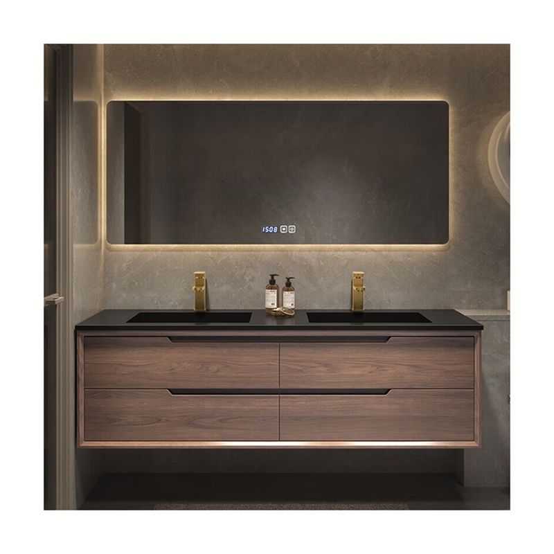 Moderno armadietto da bagno bianco a quercia con specchio a LED e lavandino doppio
