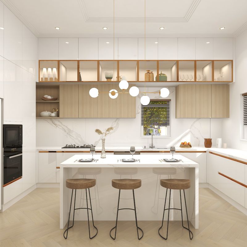 Armadietti di cucina moderni completi con bancone in pietra di quarzo e deposito in dispensa in legno