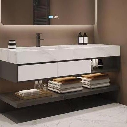 Set di vanità per bagno in stile moderno montato a parete con copertura in marmo specchio e rubinetto incluso