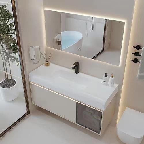 Porta in compensato rettangolare di design moderno mirrored vanity bagno con lavello di stoccaggio