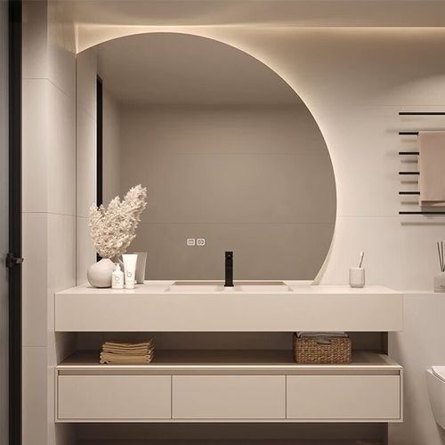 Porta in compensato rettangolare di design moderno mirrored vanity bagno con lavello di stoccaggio