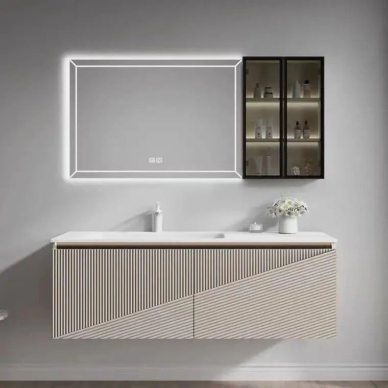 Porta in compensato rettangolare di design moderno mirrored vanity bagno con lavello di stoccaggio