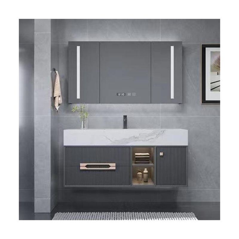 Moderno vassoio in legno combo con piccoli lavandini galleggianti e slim unit Grey / White Oak Vanity bagno