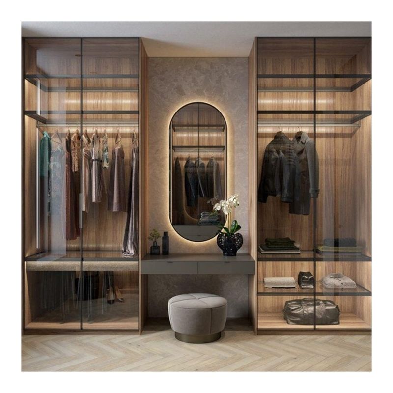 Moderno Design Custom Aluminium Frame Glass Door MDF Walk-in Closet con Centro Isola
