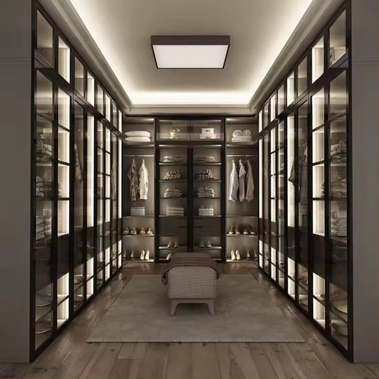 Moderno Design Custom Aluminium Frame Glass Door MDF Walk-in Closet con Centro Isola