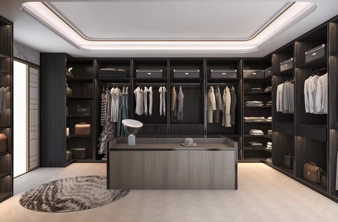 Moderno Design Custom Aluminium Frame Glass Door MDF Walk-in Closet con Centro Isola