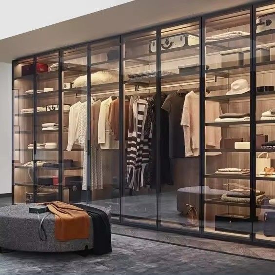 Moderno Design Custom Aluminium Frame Glass Door MDF Walk-in Closet con Centro Isola