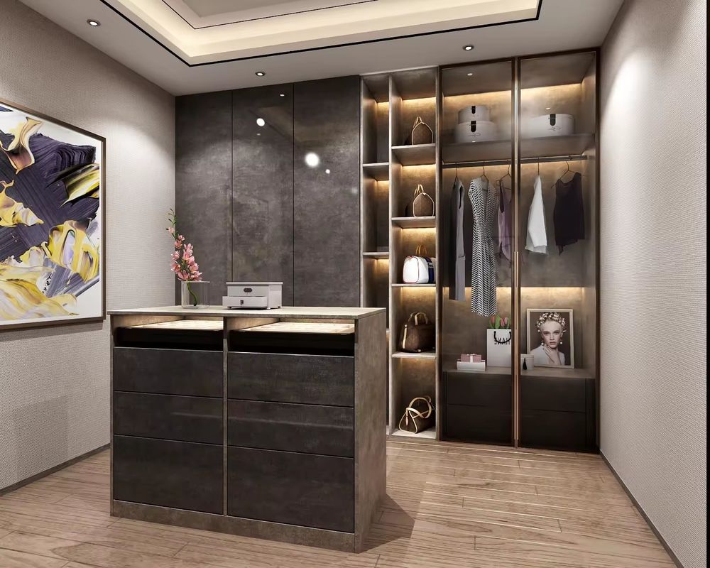 Moderno Design Custom Aluminium Frame Glass Door MDF Walk-in Closet con Centro Isola