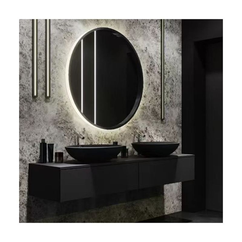Appartamento Superficie solida Bagno nero Specchio a LED Armadio alto CAD Design Vanity Combo