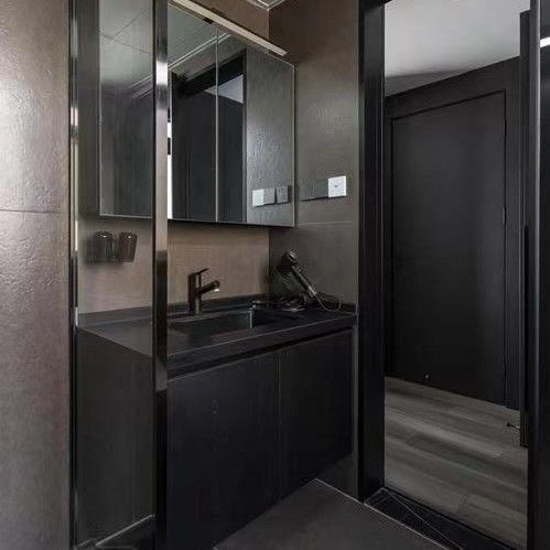 Appartamento Superficie solida Bagno nero Specchio a LED Armadio alto CAD Design Vanity Combo