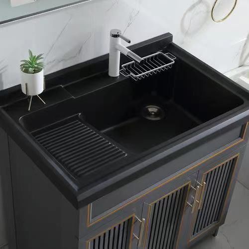 Appartamento Superficie solida Bagno nero Specchio a LED Armadio alto CAD Design Vanity Combo