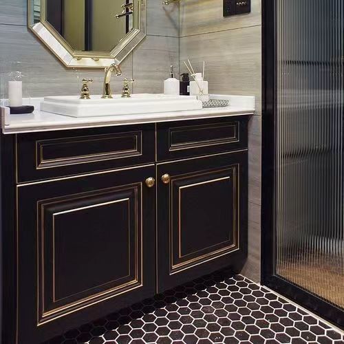 Appartamento Superficie solida Bagno nero Specchio a LED Armadio alto CAD Design Vanity Combo