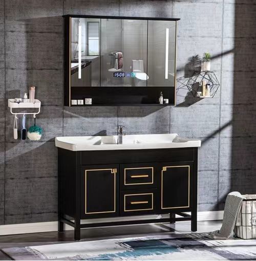 Appartamento Superficie solida Bagno nero Specchio a LED Armadio alto CAD Design Vanity Combo