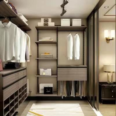 Elegante armadio aperto in legno per l'arredamento e l'organizzazione degli armadi